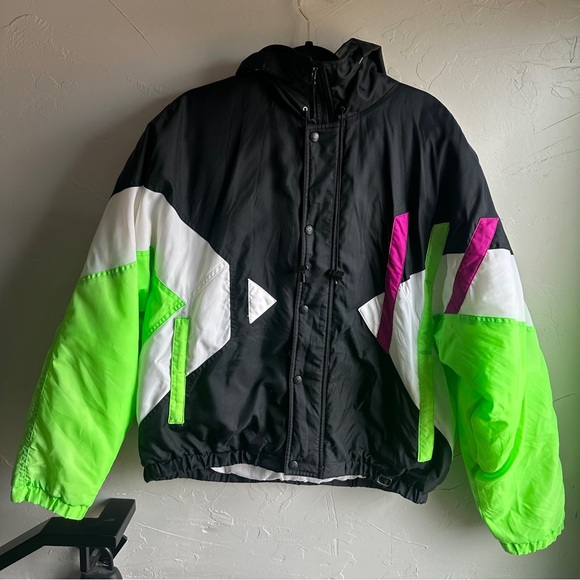 Obermeyer 90s Colorblock Ski Jacket Neon Green Retro Party Coat Men L